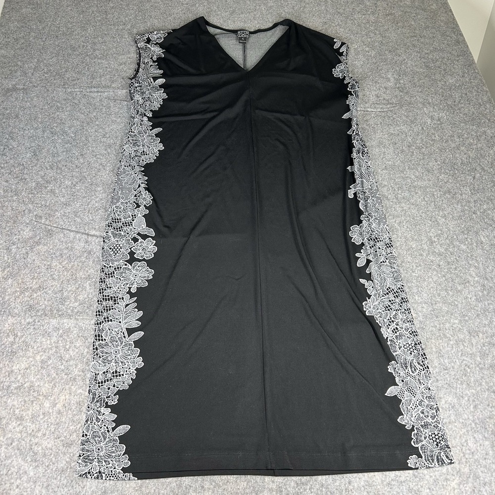 Clara Sun Woo Sheath Dress Women's XL Black V-Neck Midi Lace Trim Print Stretch
